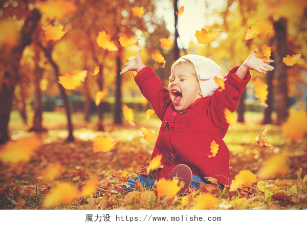 开心的小女孩在秋天的公园里玩耍快乐的小女孩，小女孩笑着，在秋天玩
